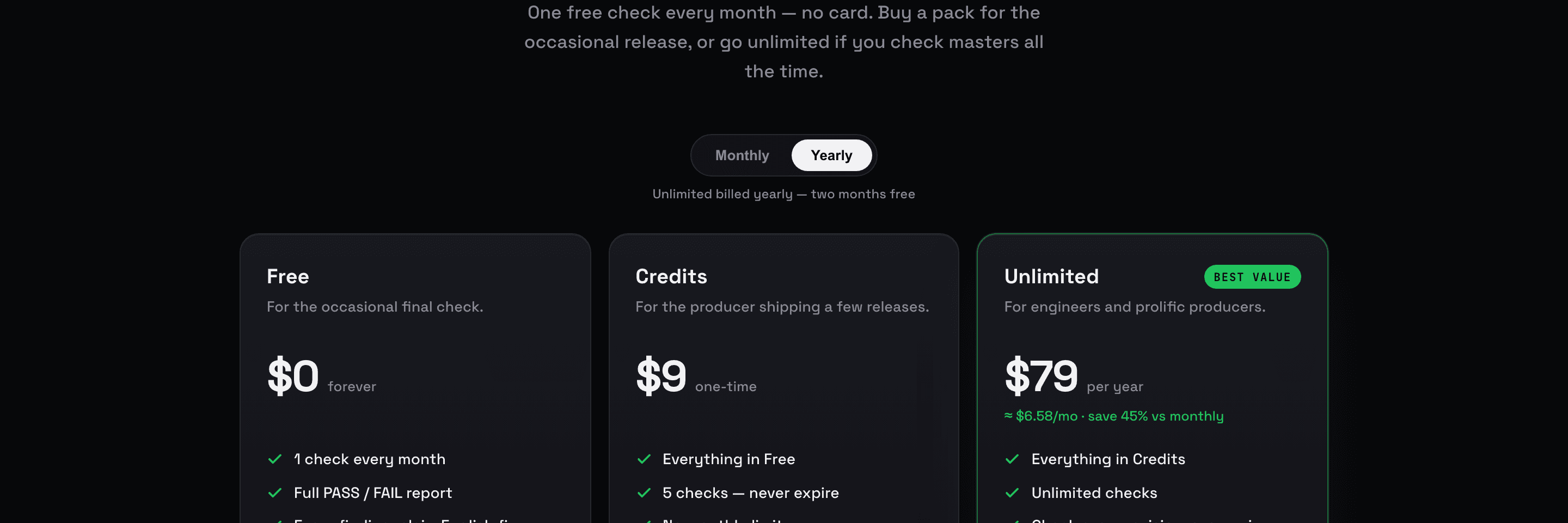 The Masterproof pricing page, a dark interface showing three subscription tiers at $0, $9 and $79 with a monthly and yearly billing toggle.
