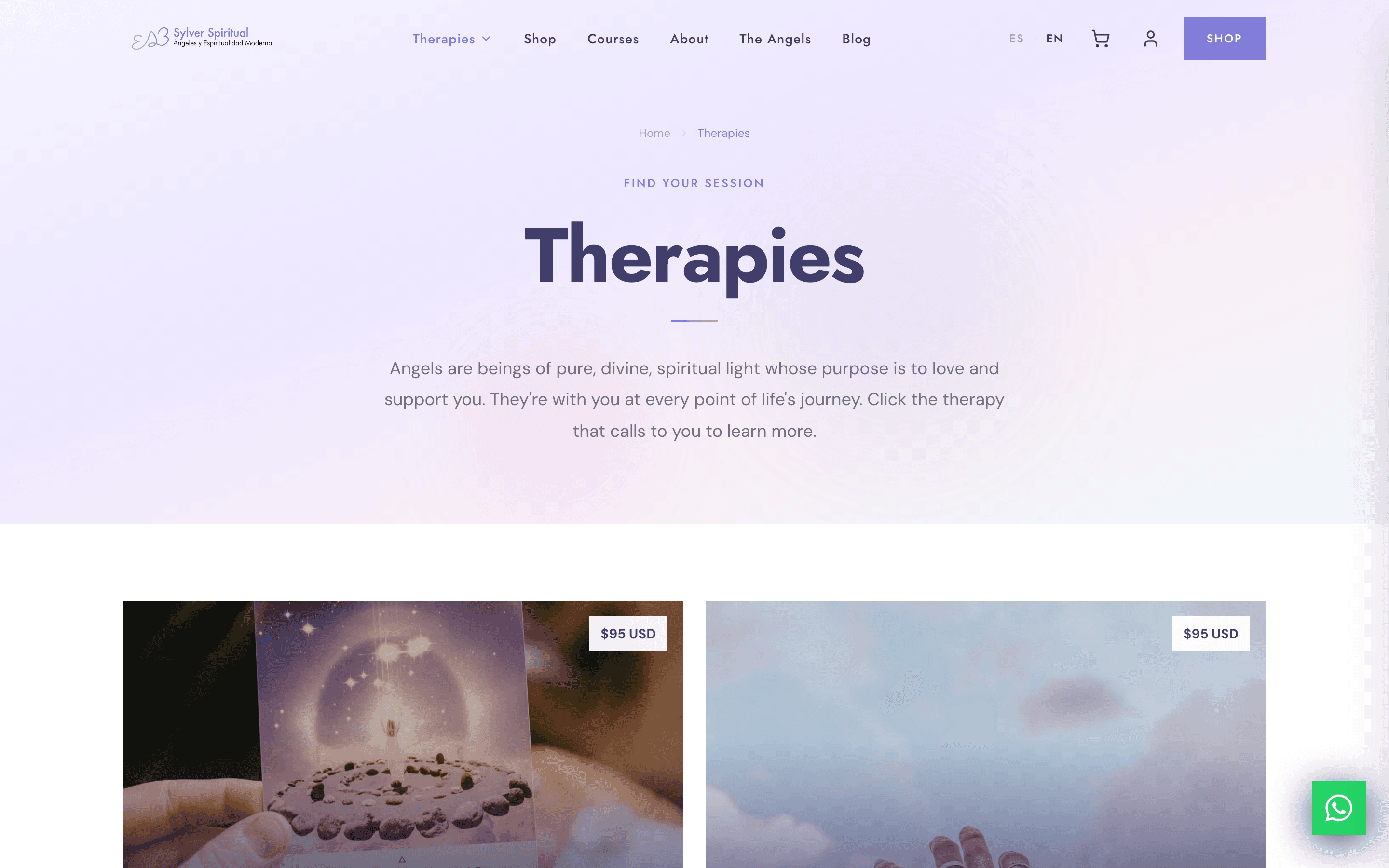 The Sylver Spiritual therapies page, with session cards priced at $95 USD and a Spanish and English toggle, cart and account link in the navigation.
